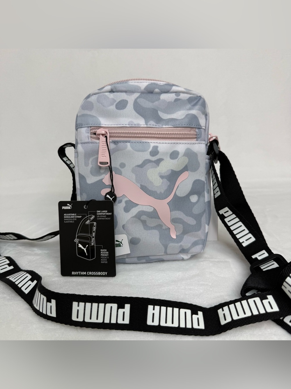 Puma Rhythm Crossbody Bag Unisex Gray Pink Camo Pockets Adjustable Strap NWT